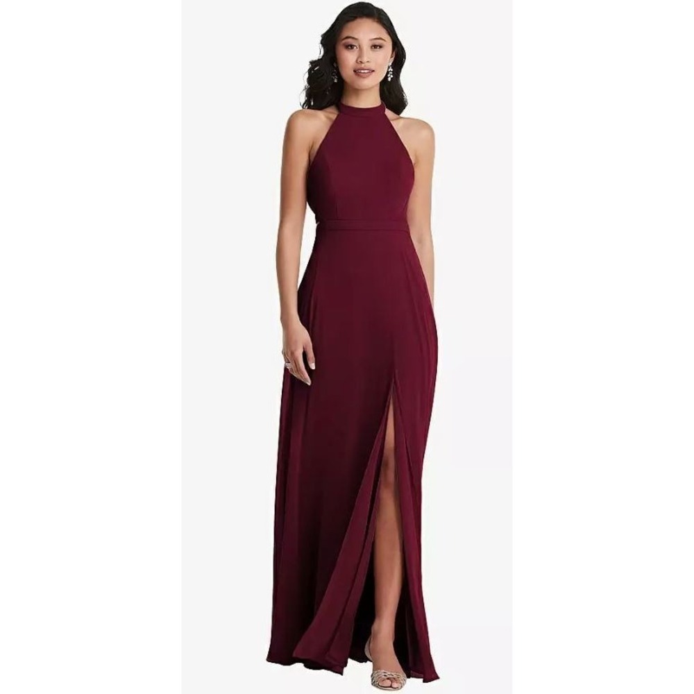 Dessy Collection Stand Collar Halter Crisscross Open Back Dress in Cabernet 10